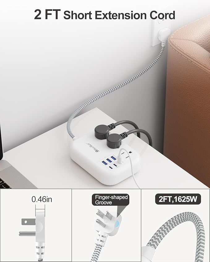 Short Extension Cord 2 Foot- 6 USB Travel Power Strip