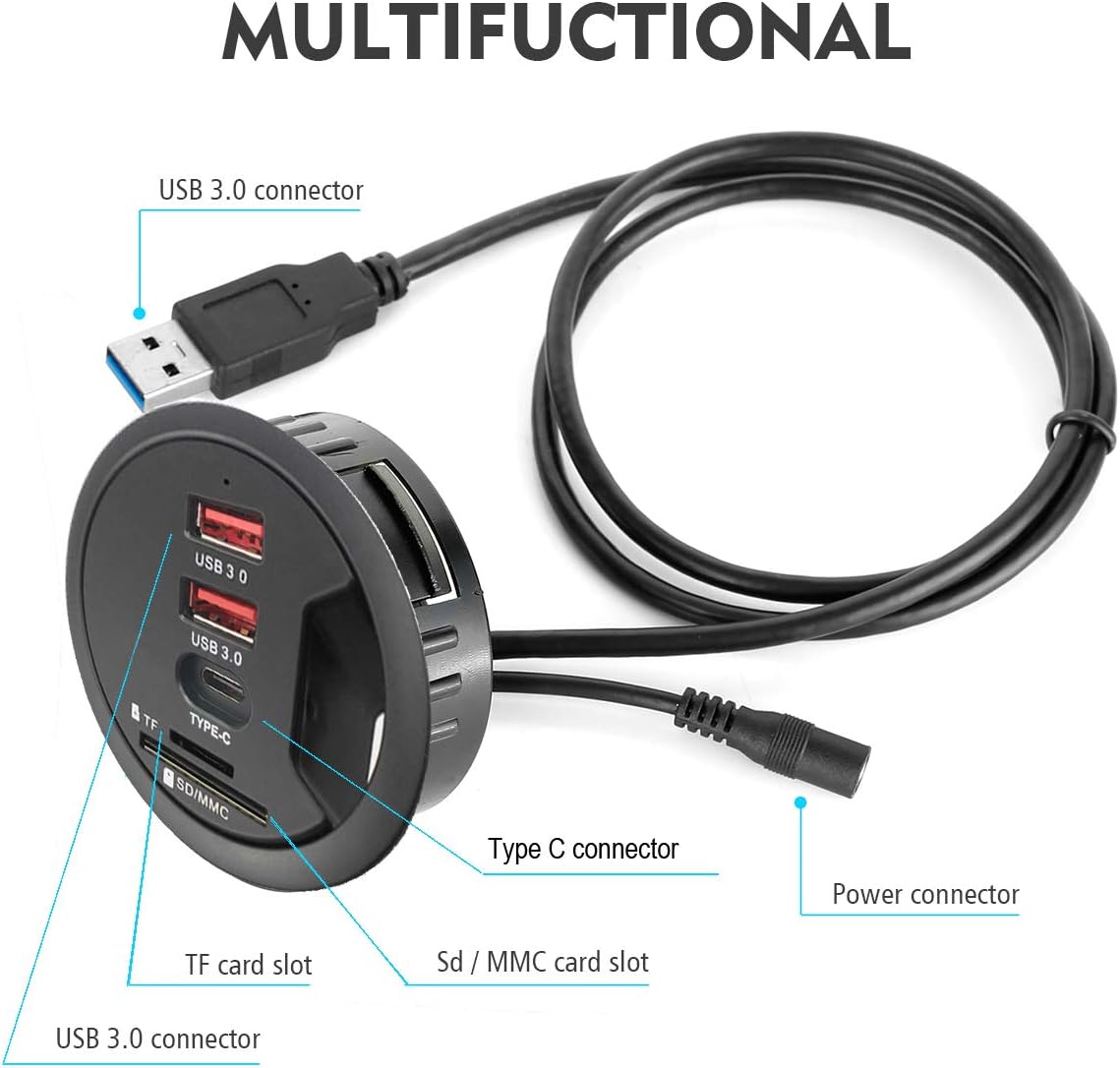 Grommet Desk-Fit USB 3.0 Hub (Diameter 2.36" or 60MM) 2 Port Type-A and 1 Port Type-C with SD/TF Card Reader,Compatible Charging and Data Transmission,