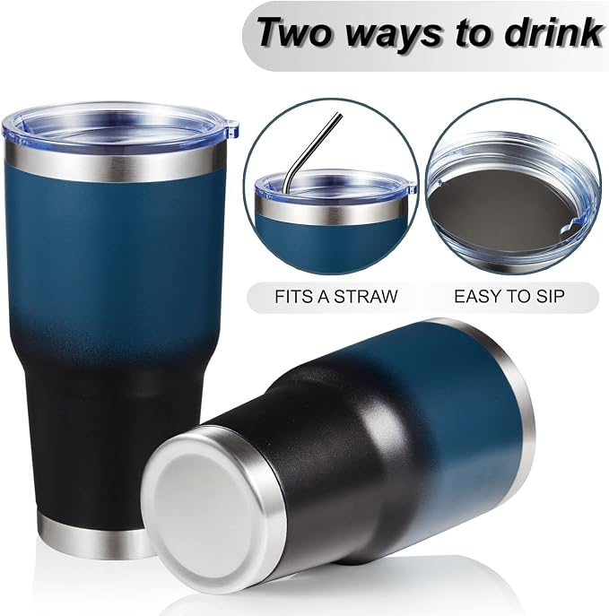 MEWAY 30oz Insulated Tumbler With Lids and Straws,Stainless Steel Double Vacuum Coffee Tumbler Cup, Brush, Durable Powder Coated Coffee Cup for Cold & Hot Drinks, Office, Travel(Blue Black,1 PACK)