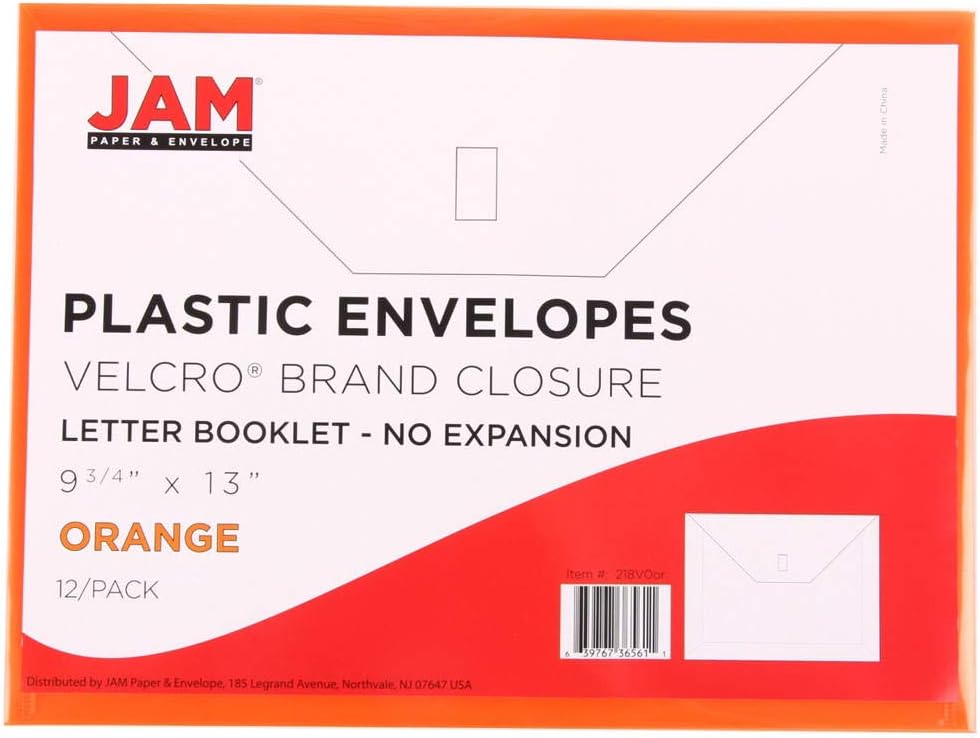 JAM PAPER Plastic Envelopes with Hook & Loop Closure - Letter Booklet - 9 3/4 x 13 - Orange - 12/Pack
