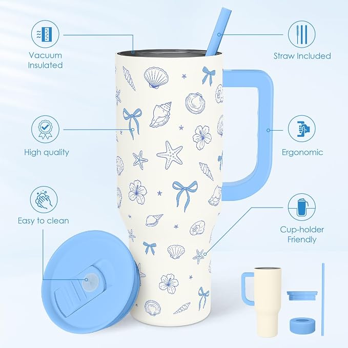 SANDJEST Beach 40oz Tumbler with Handle and Straw, Insulated Stainless Steel Travel Coffee Mug for Women Girls Beach Lovers, Gift Idea for Birthday Christmas Mothers Day Summer Vacation (Blue)
