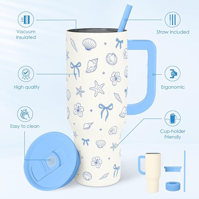 SANDJEST Coastal 40oz Tumbler with Handle and Straw, Insulated Stainless Steel Travel Coffee Mug for Women Girls, Gift Idea for Birthday Christmas Mothers Day