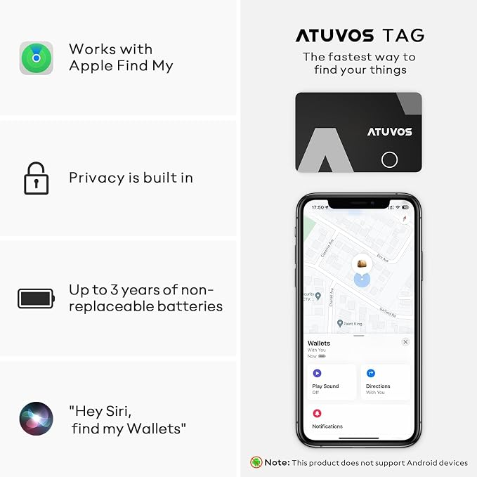 ATUVOS Wallet Tracker Finder Card, Ultra-Thin 1.6mm & 3-Year Battery, Smart