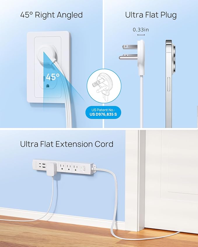 TROND Flat Plug Power Strip USB-10ft Flat Extension Cord Surge Protector Wall