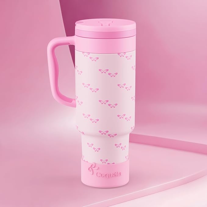 40 oz Insulated Tumbler with Handle and Push-Button Straw Lid, Stainless Steel Travel Cup for Gym Office Leakproof, BPA-Free, Cup Holder Friendly, Bow Silicone Boot, Pink (Coquette Bubblegum)