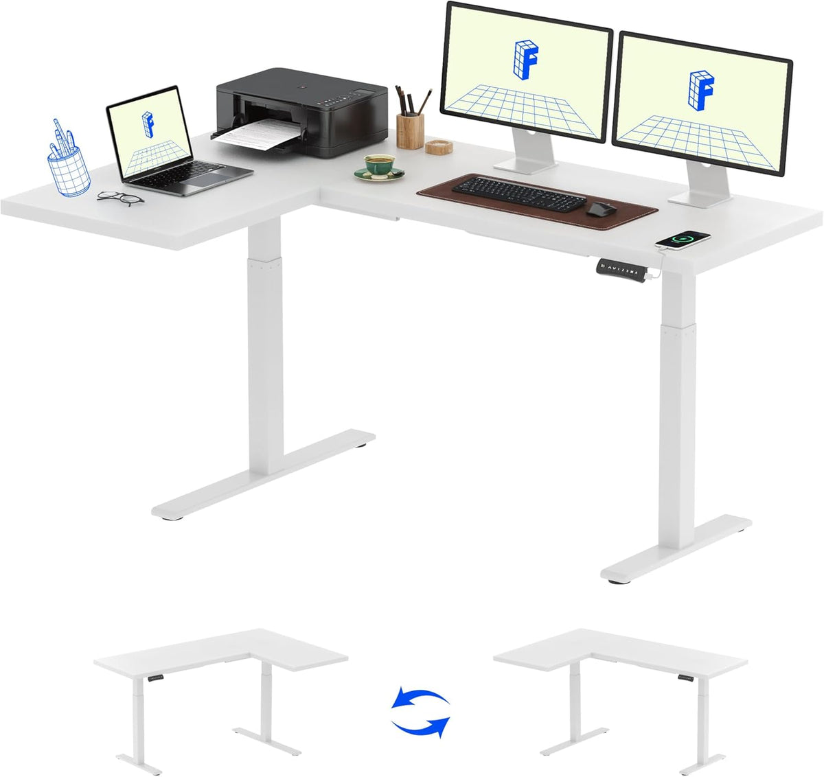 FLEXISPOT Corner Desk Dual Motor L Shaped Computer Electric Standing Sit Stand Up Desk Height Adjustable Home Office Table with Splice Board, 71x48 White