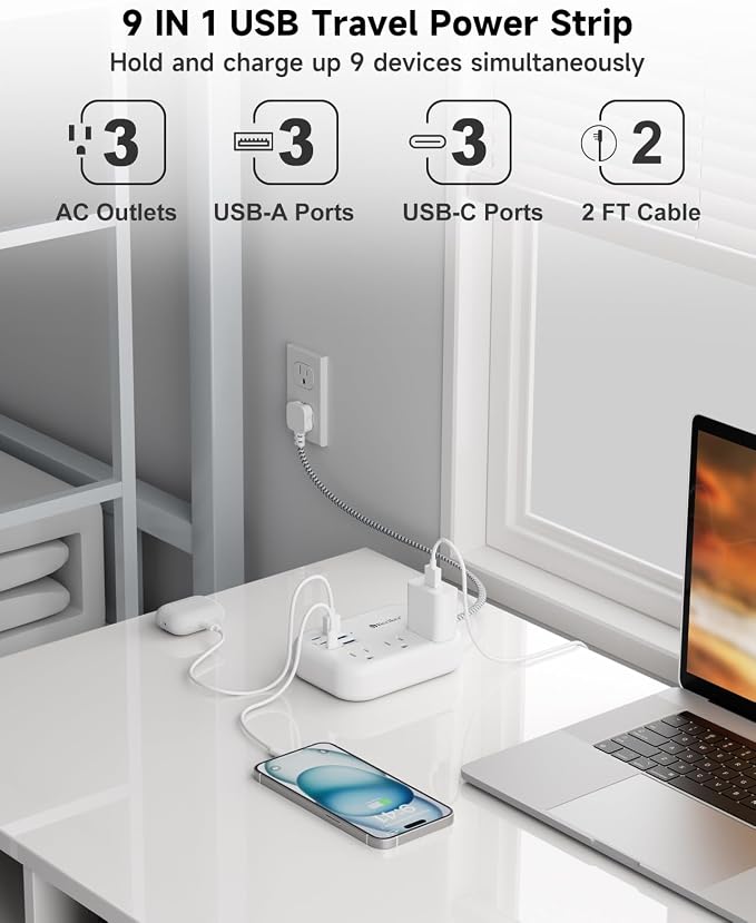 Short Extension Cord 2 Foot- 6 USB Travel Power Strip