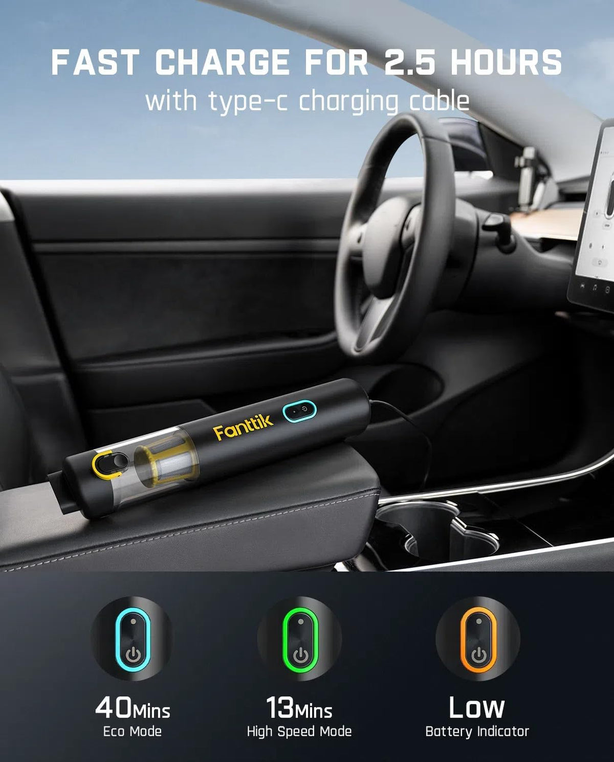 Fanttik Slim V8 APEX Car Vacuum, 4-in-1 Portable Mini Cordless Vacuum with 19000pa Suction Power, Type-C Charge, 2 Suction Modes, Handheld Vacuum for Small Jobs, Car, Office Desk, Keyboards (Black)