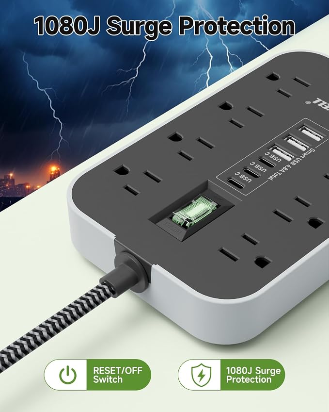 Power Strip Surge Protector- 5FT Flat Plug Extension Cord, 8 AC Outlet& 6 USB