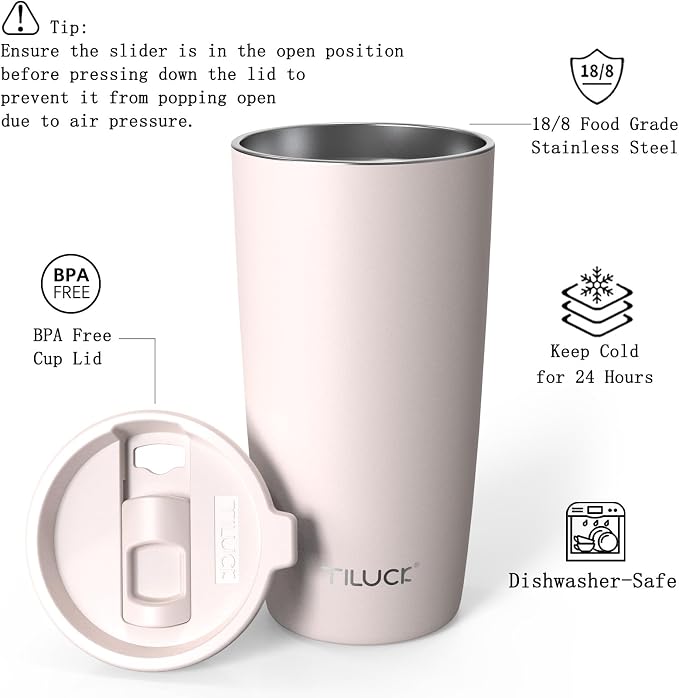 TILUCK 20 oz Insulated Tumbler with BPA-Free Lid, Stainless Steel Vacuum Travel Coffee Mug, Double Wall Coffee Tumbler（20oz，Matte SakuraPink）
