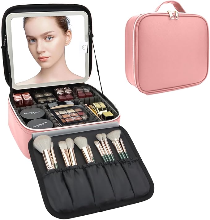 Travel Makeup Bag with LED Mirror Travel Makeup Organizer with 3 Lighted