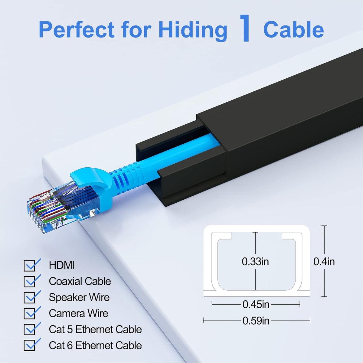 Yecaye 125in Black Cord Hider, One-Cord Channel Cord Cover on Wall, Cable Management Kit, Wire Covers for Cords, Cable Raceway, W0.59in H0.4in, Black