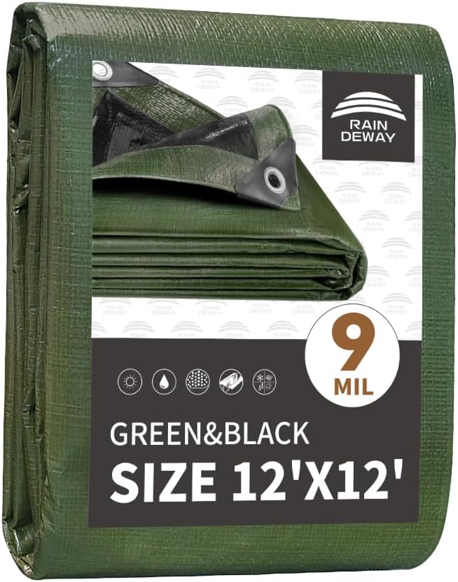12x12 Feet Tarp Waterproof, 9Mil Thick, Finished Size Tarps, UV Resistant