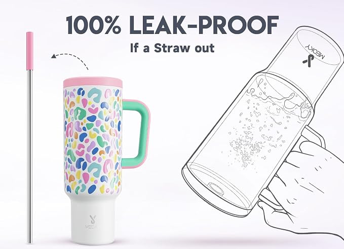 Meoky 50 oz Tumbler with Handle, Tumbler with Lid and Straw, Insulated Stainless Steel Travel Mug, 100% Leak-proof, Keeps Cold for 36 Hours or Hot for 12 Hours (Leopard)