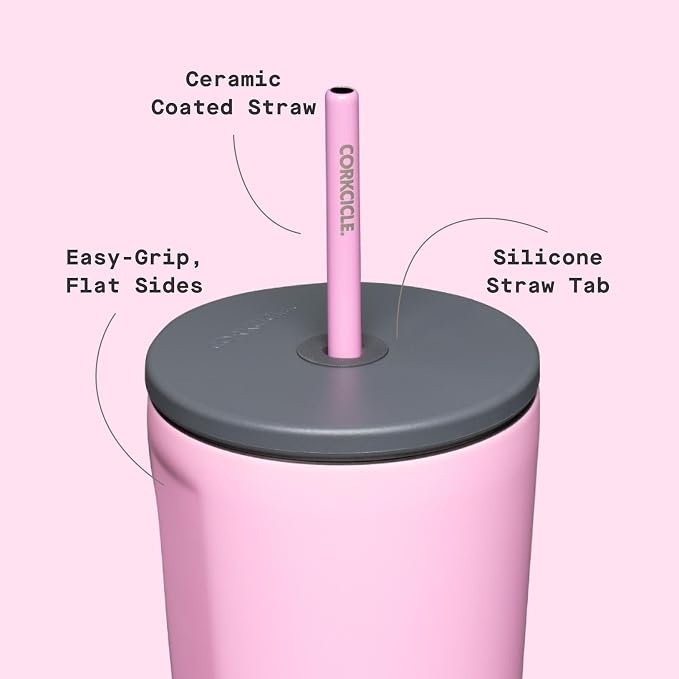 Corkcicle Cold Cup Insulated Tumbler with Straw - Keeps Drinks Cold for 12 Hours - Triple-Insulated Stainless Steel - Leak-Resistant Lid - Summer Drinkware Gift - 24 oz - Sun-Soaked Pink