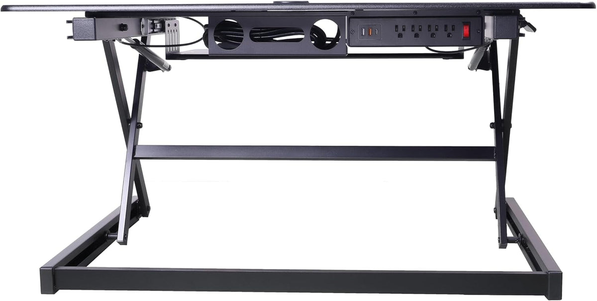Rocelco 40" Height Adjustable Standing Desk Converter with AC Outlet and USB Charger - Gas Spring Sit Stand Up Dual Monitor Tabletop Riser Workstation - Large Keyboard Tray - Black (R DADRB-40-ACUSB)