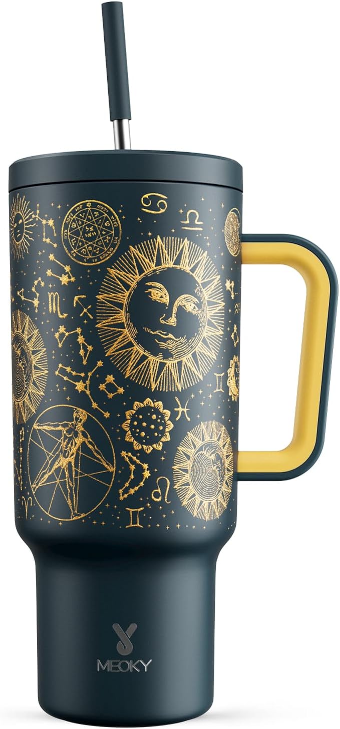 Meoky 40 oz Tumbler with Handle and Straw, Tumbler with Lid and Straw, Insulated Stainless Steel Travel Mug, 100% Leak-proof, Keeps Cold for 34 Hours or Hot for 10 Hours (Tarot)
