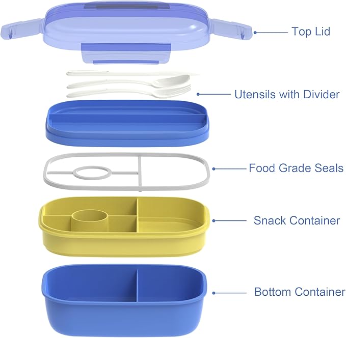 JBGOYON® Blue Bento Lunch Box Set - 3 Stackable Containers for Adults and Kids - Includes Lunch Bag, Leak-Proof and BPA-Free - Built-in Utensil Set and Snack Bag - Dishwasher Safe