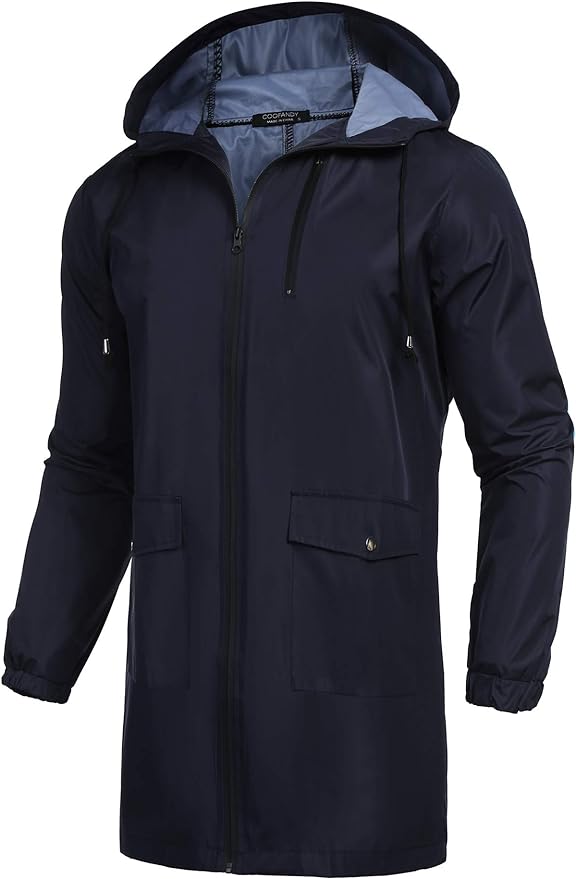 COOFANDY Men's Long Raincoat Ligtweight Rain Jacket Waterproof Outdoor Jackets
