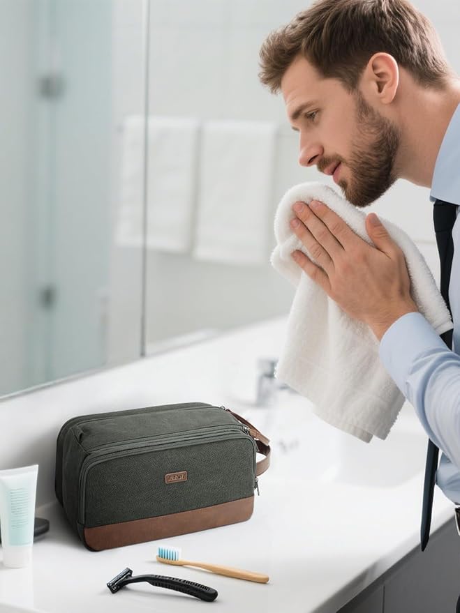 WANDF Toiletry Bag for Men Travel Toiletry Organizer Canvas and Leather Dopp