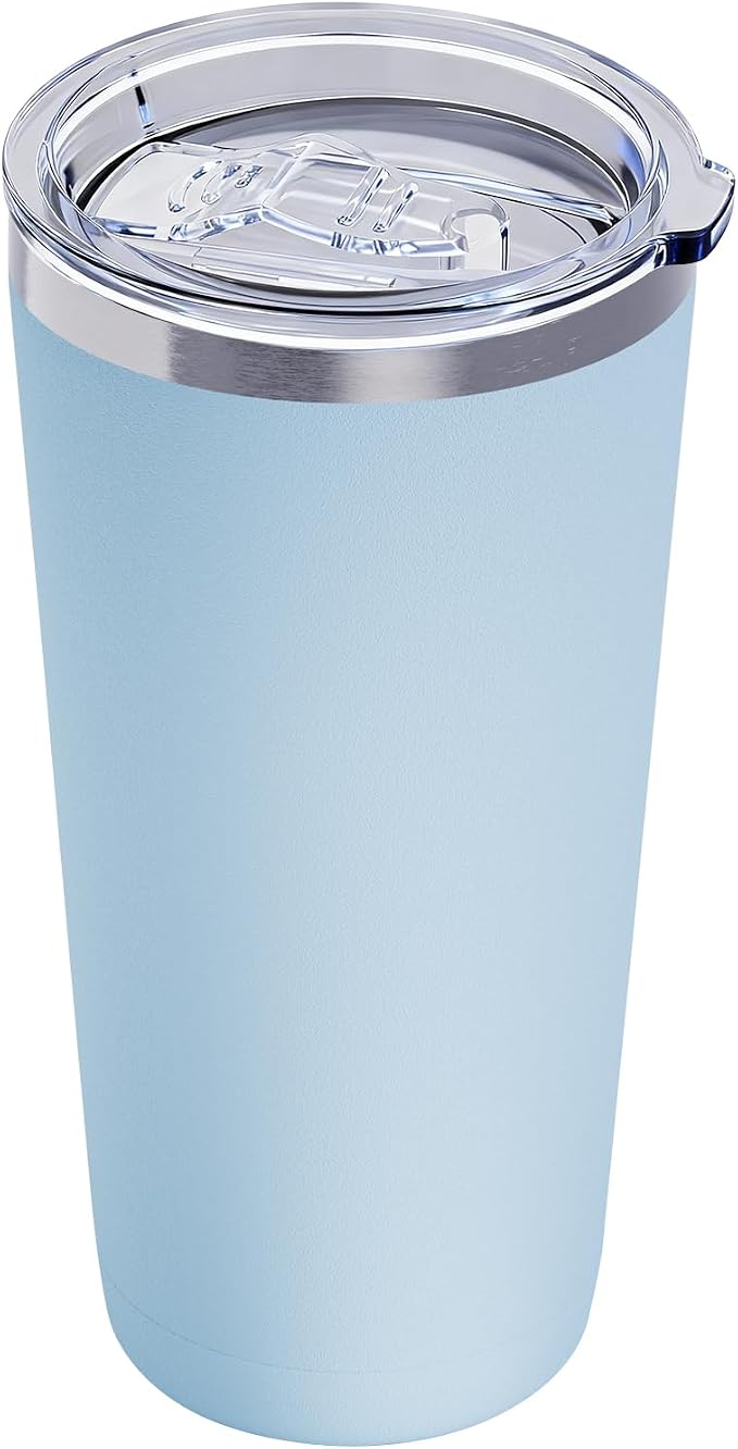 GGQ 20oz Travel Coffee Tumbler Food-Grade 304 Stainless Steel Vacuum Insulated Double Wall Leak-Proof Lid Reusable Straw Hot and Cold Drinks Cup Holder Friendly (Light Blue)