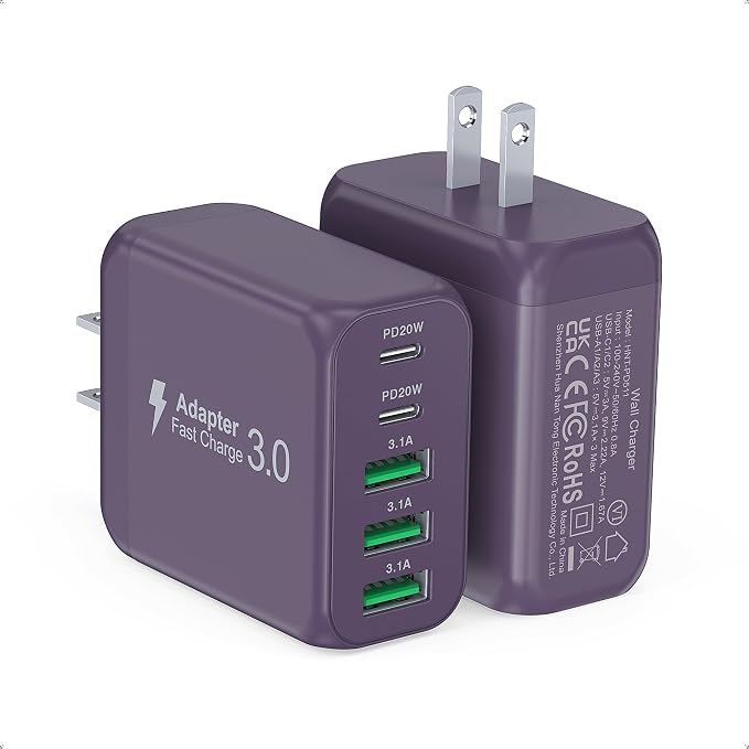 50W 2-Pack USB C Wall Charger Block, 5-Port C Charger Fast Charging Block PD