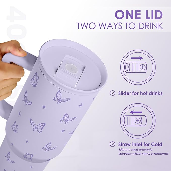 Butterfly Gifts for Women, Purple Butterfly Tumbler with Handle, Stainless Steel Insulated Coffee Travel Mug Cup, Gifts for Women Girls on Birthday Christmas, 40oz