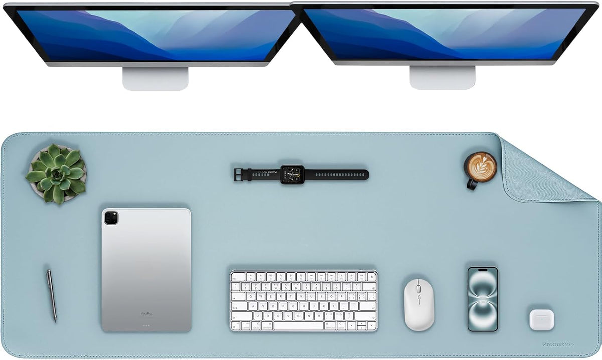 Oversized Non-Slip Desk Pad Protector – Grips Desk Firmly, Anti-Slip Like You've Never Seen! Vegan Leather Waterproof Laptop Mat for Keyboard & Mouse – Large Office Pad– Morning Fog Blue