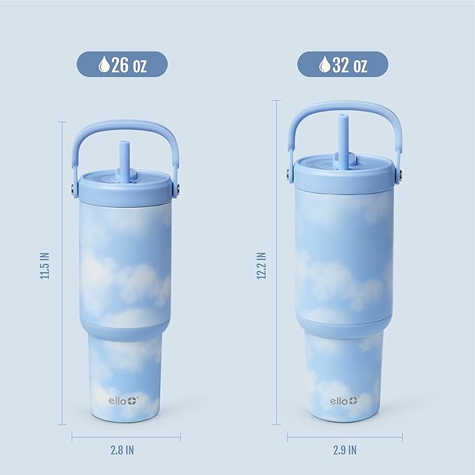 Ello Oasis Go+ 26oz Tumbler with Top Handle and Retracting Straw | Reusable Insulated Stainless Steel Cup, 100% Leakproof Water Bottle, 24 Hours Cold, Cup Holder Friendly For Travel | In The Clouds