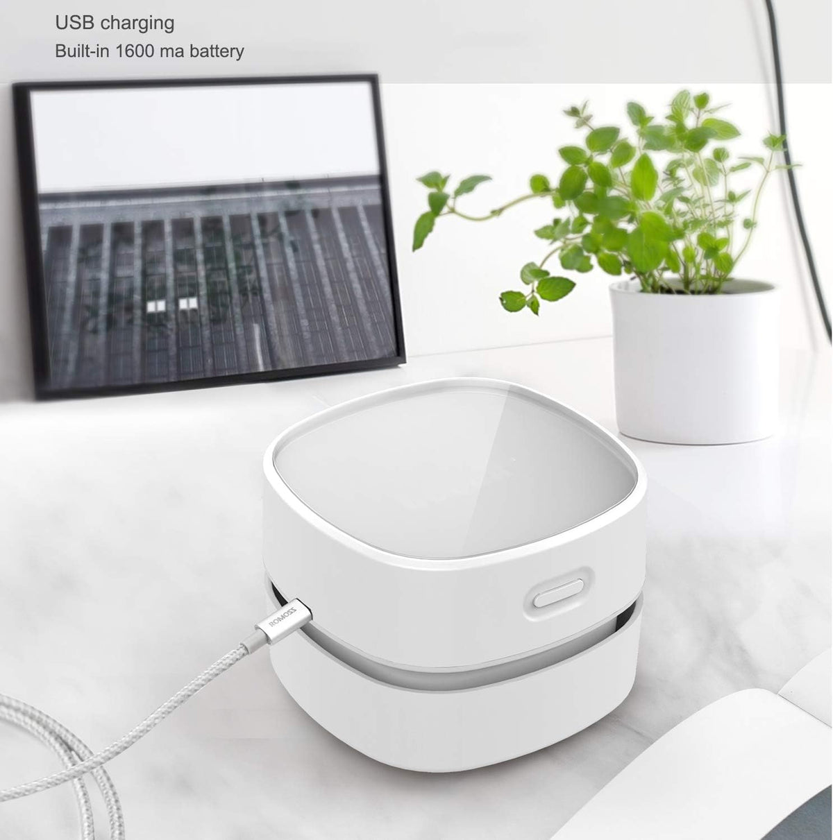 ODISTAR Desktop Vacuum Cleaner,Mini Table dust Sweeper Energy Saving with auto Power-Off Function,High Endurance up to 400 mins,Cordless&360º Rotatable for Keyboard/Home/Office (White USB Charging)