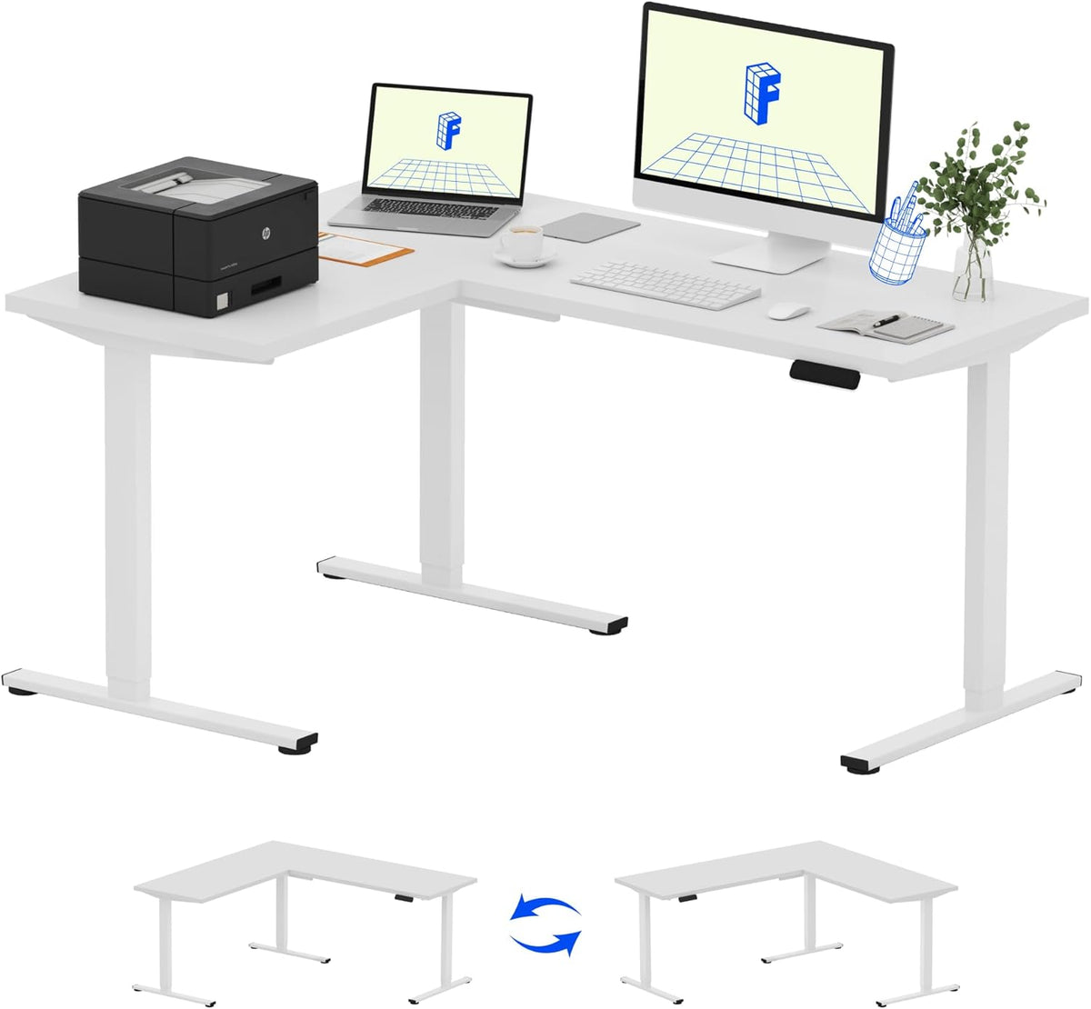 FLEXISPOT 63 x 47 Inch 3-Leg L Shaped Standing Desk, Electric Height Adjustable Sit Stand Corner Desk, Computer Workstation with Preset Controller for Home Office, White Frame with White Top