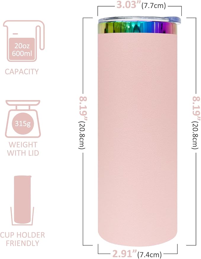 20 oz Skinny Tumblers Stainless Steel Tumbler with Lid and Straw Double Wall Vacuum Insulated Coffee Mug 20oz Powder Coated Cup for Hot and Cold Drinks(Pink,4 pack)