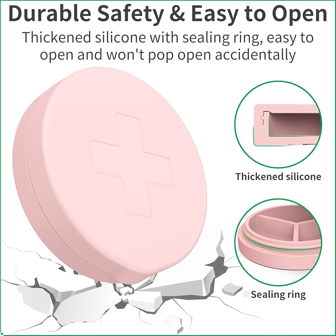 2 Pack Small Pill Box, 3 Compartment Round Silicone Travel Pill Box