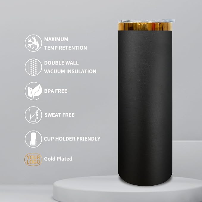 20 oz Skinny Tumblers Stainless Steel Tumbler with Lid and Straw Double Wall Vacuum Insulated Coffee Mug 20oz Powder Coated Cup for Hot and Cold Drinks(Black,1 pack)