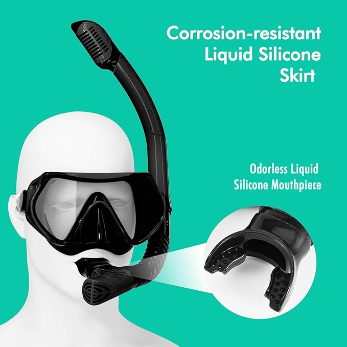 Snorkeling Gear for Adults, JRing Snorkel Mask Set with 180 Degree Tempered Glass Anti Fog Goggles Scuba Dry Top Snorkel for Swimming, Scuba Diving Mask for Men Women