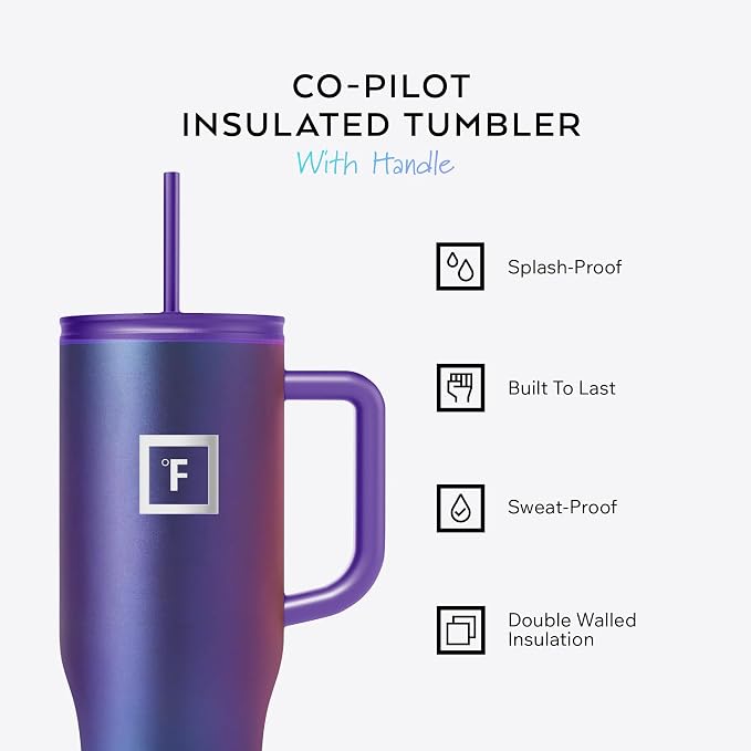 IRON °FLASK Co-Pilot Insulated Mug w/Straw & Flip Cap Lids - Cup Holder Bottle for Hot, Cold Drink - Leak-Proof- Water, Coffee Portable Travel Tumbler - Cosmetic Pink, 40 Oz
