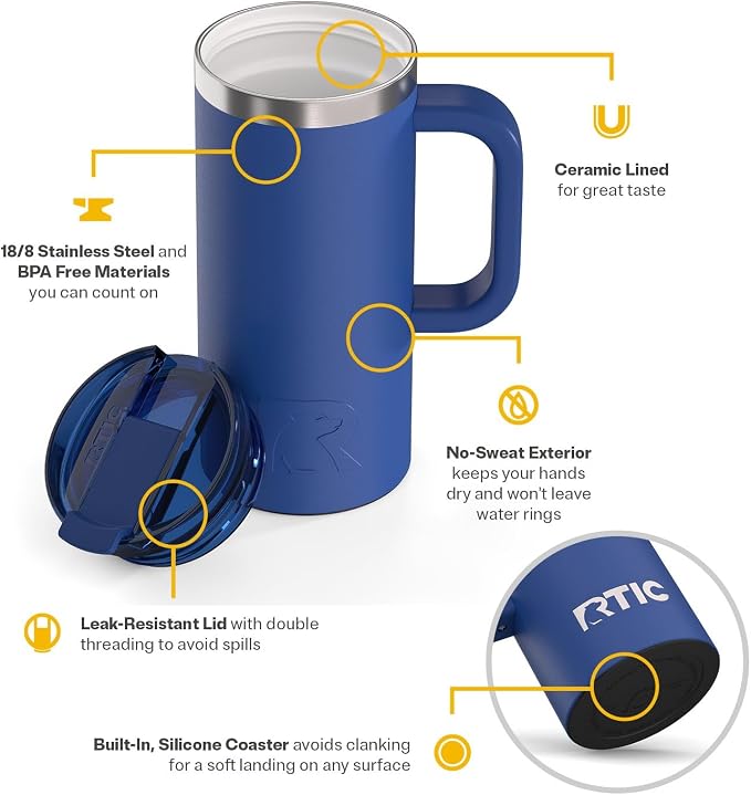RTIC 16oz Road Trip Travel Mug with Lid and Handle, Ceramic Lined, Insulated, Stainless Steel, Metal, Double Wall Vacuum-Insulation, Portable Coffee, Tea Cup for Hot and Cold Drink, Cobalt