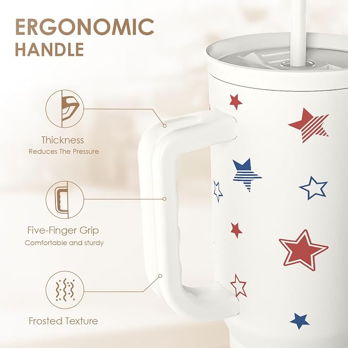 SANDJEST American Flag 40oz Tumbler with Handle and Straw, Insulated Stainless Steel Travel Coffee Mug for Women Girls, Gift Idea for Birthday Christmas 4th of July (Star)