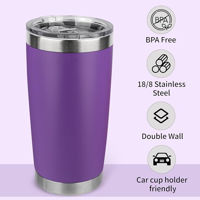 20oz Stainless Steel Tumbler Bulk with Lid, Travel Mug - Double Wall Vacuum Powder Coated Cup - Purple, 12 Pack