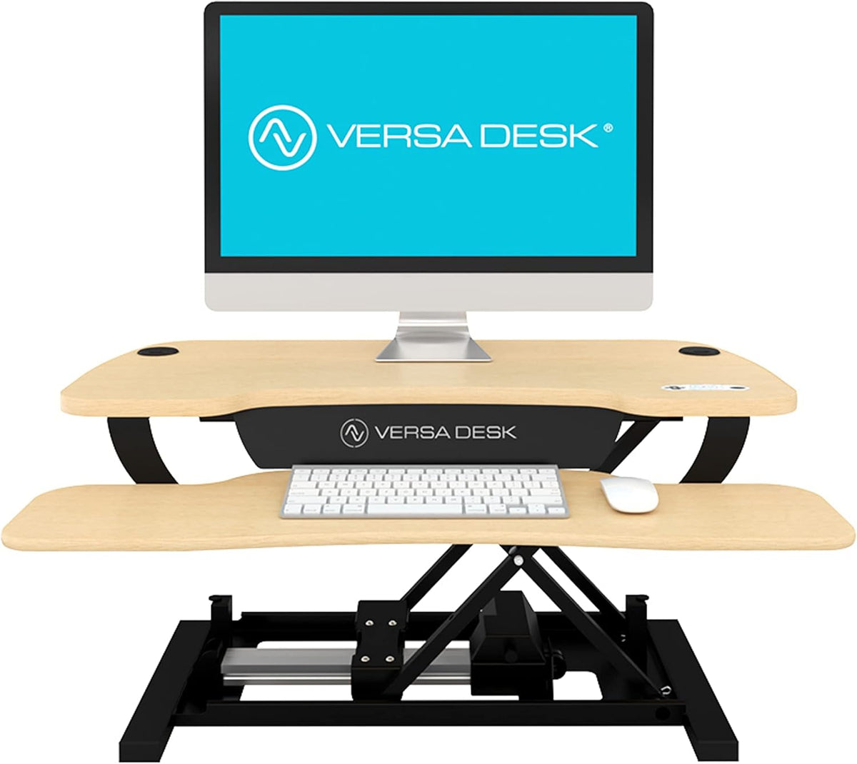 VERSADESK® PowerPro™ Elite 48” x 24" – App Controlled X-Large Electric Standing Desk Converter w/USB Charging Port. Raises up to 20”. Fully Assembled – Includes LED Lights. Supports 80 lbs. – Maple