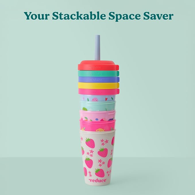 REDUCE GoGo's Kids Portable Tumbler Cups with Lids and Spill-Proof Straws - 5 Pack of Stackable 12 oz Tumblers with Twist-On Lids - Easy Storage, Dishwasher Safe - Fruity Cutie
