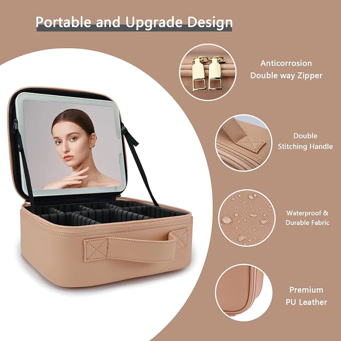 Makeup Bag with Led Mirror, Travel Makeup Organizer with 3 Color Setting