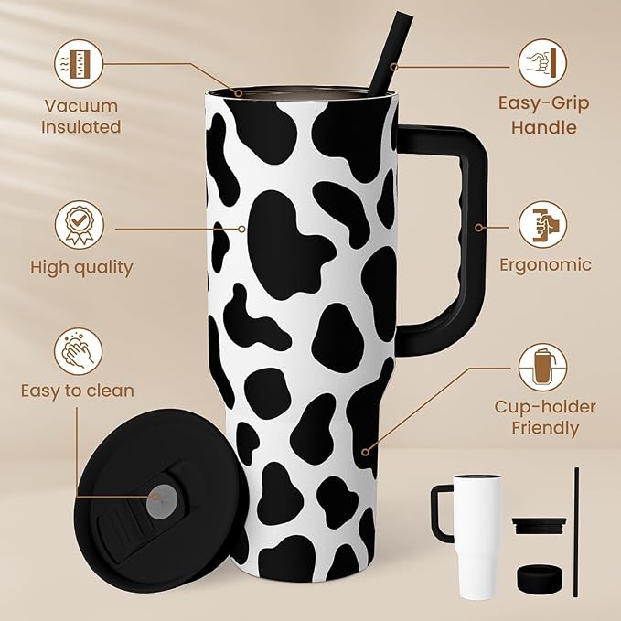 SANDJEST Cow Tumbler with Handle 40oz, Cow Print Cup Stainless Steel Tumblers Coffee Travel Cups with Slider Lid, Cow Gifts for Women Birthday Christmas Mothers Day