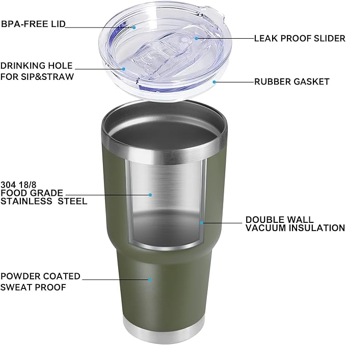 DOMICARE 30 oz Tumbler with Lid and Straw, Stainless Steel Tumblers Bulk, Insulated Vacuum Double Wall Travel Coffee Mug, Durable Powder Coated Tumbler Cups (Army Green, 4)