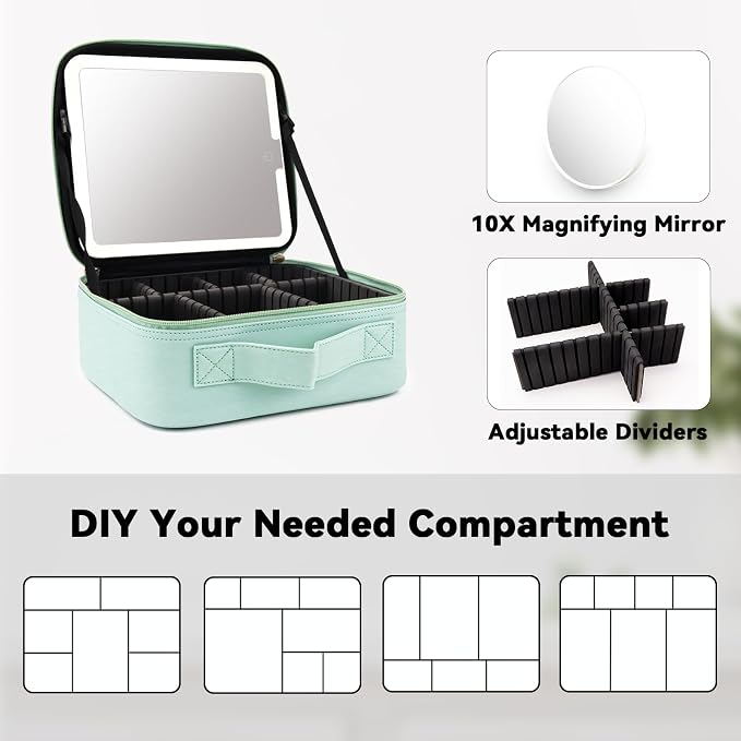 Travel Makeup Bag with LED Mirror and 10x magnifying glass with 3 Lighted