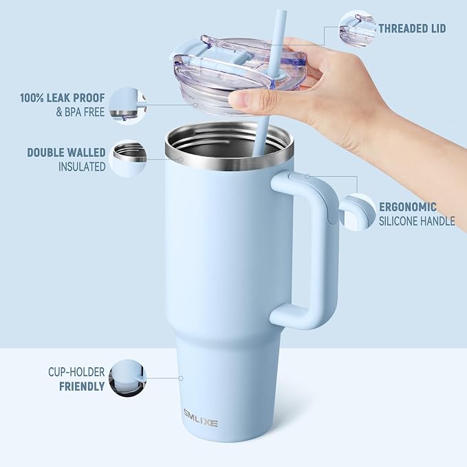 40 oz Tumbler with Handle and Straw Lid,Insulated Reusable Stainless Steel Water Bottle Travel Mug，Cupholder Friendly Double Wall Vacuum Sealed Cup (Sky Blue)