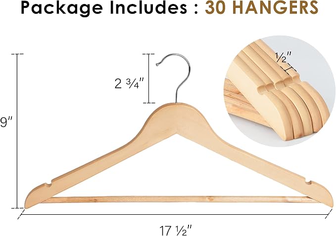 StorageWorks Wooden Hangers 30 Pack, Wood Coat Hanger