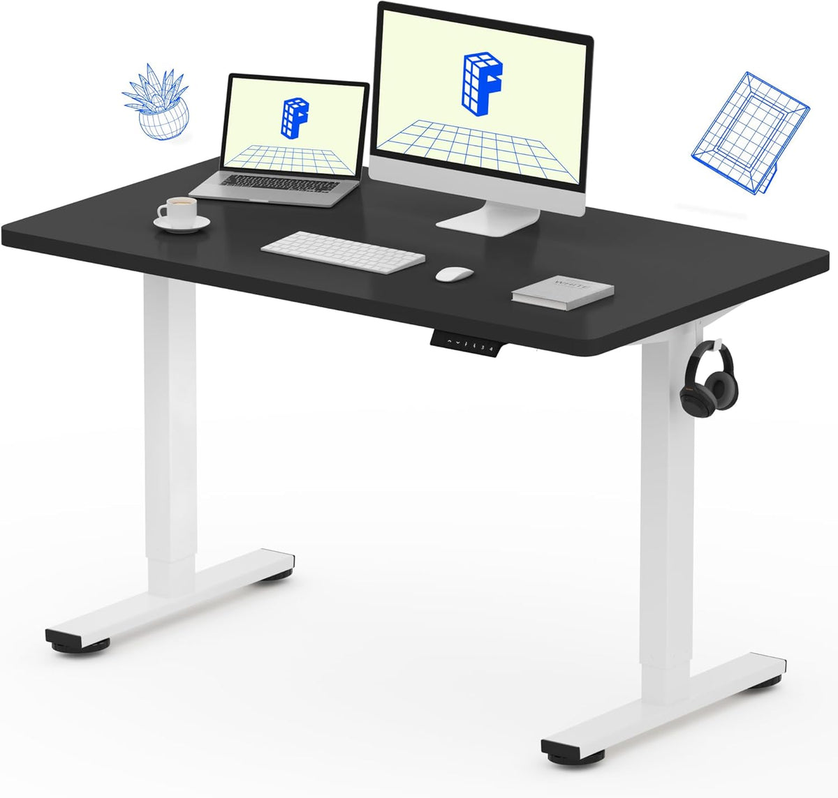 FLEXISPOT EN1 One Piece Standing Desk, 48 x 24 Inch Electric Adjustable Height Desk for Home Office and Computer Workstation (White Frame + Black Top, 2 Packages)