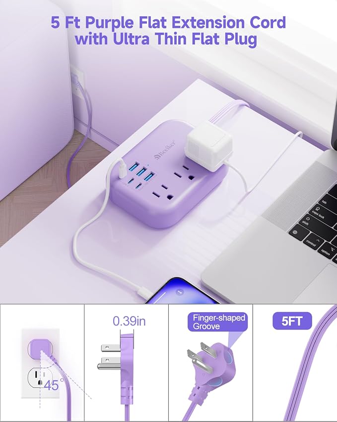 6 USB Purple Travel Power Strip- 5Ft Purple Extension Cord