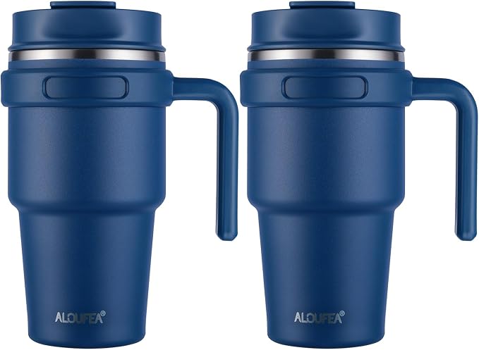 ALOUFEA 20 oz Insulated Coffee Mug Tumbler with Handle, Stainless Steel Travel Mug Tumbler with Lid and Straw,Double Wall Vacuum Leak Proof Ice Coffee Thermal Cup, Navy